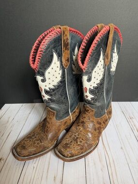 J.B. Dillon Brown and Gray Western Heeled Boots with White and Red Accent